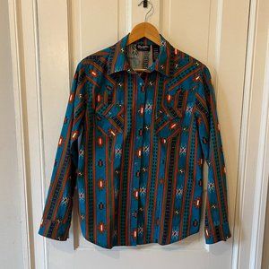 Wrangler Retro Western Pearl Snap Shirt in Teal/Orange Aztec